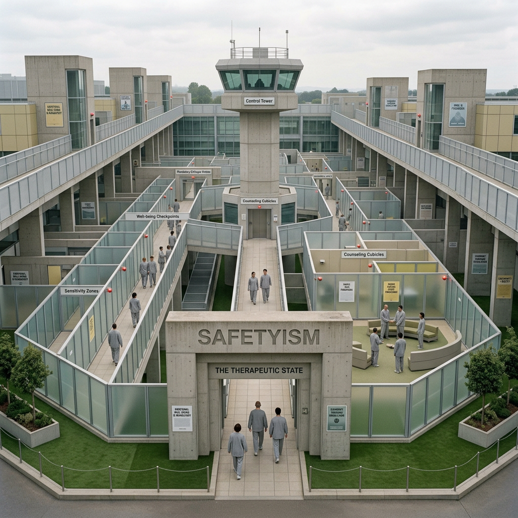 Institutional facility titled Safetyism with labeled zones for counseling and well-being checkpoints, showing people walking and conversing.
